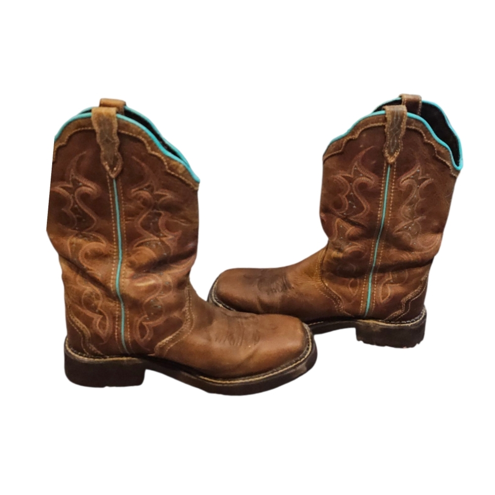 Justin Size 8 1/2 Western Cowboy Boots with Turquoise Accents Square Toe Raya - Picture 4 of 8